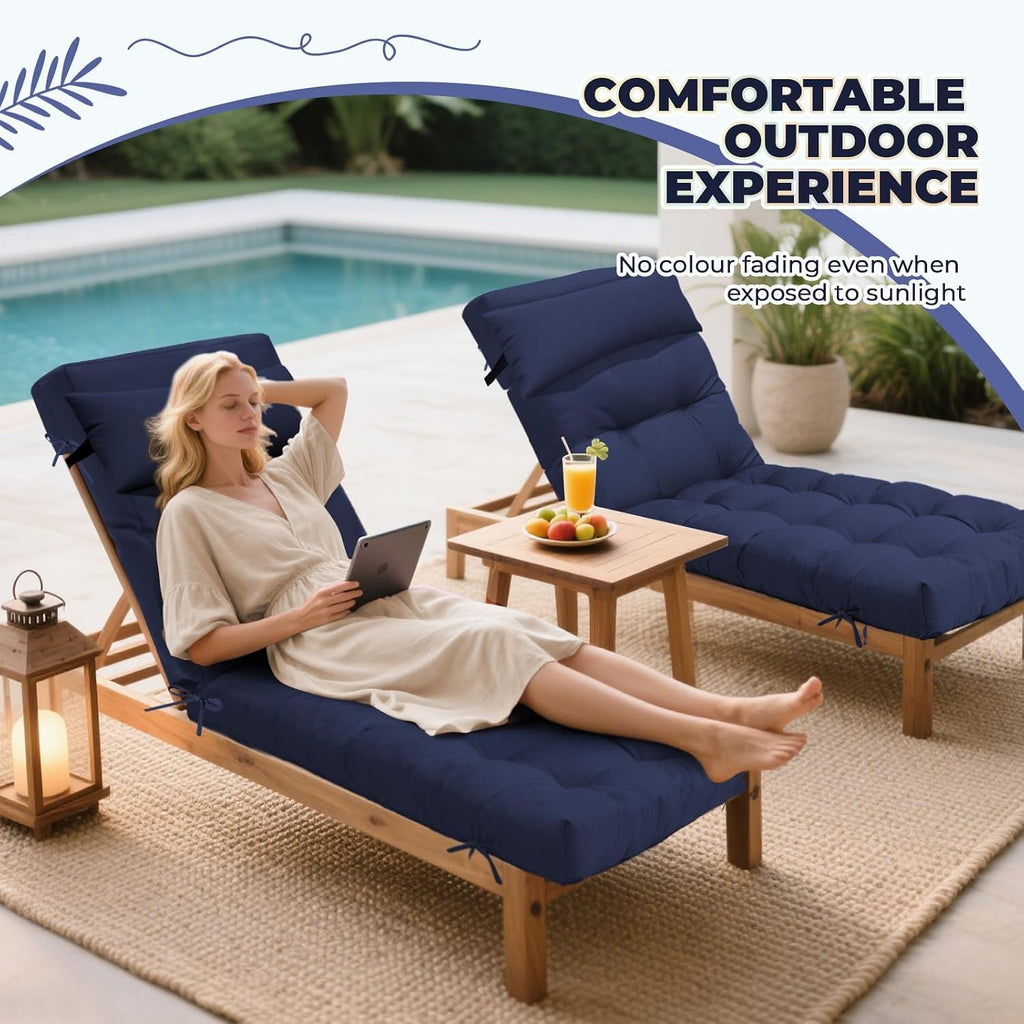 Waterproof Lounge Chair Cushion Set of 2, Outdoor Fade Resistant Chaise Lounger Replacement Cushions with 6 Ties