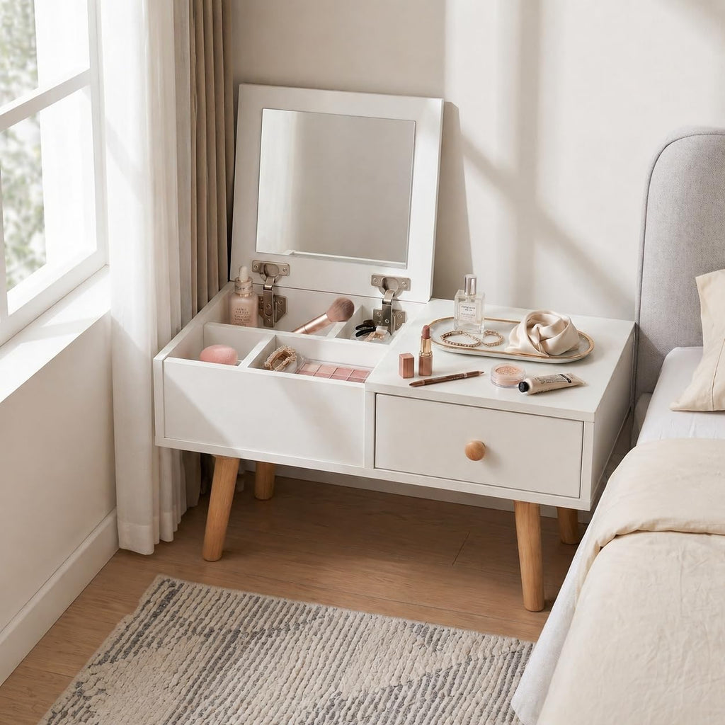 2-in-1 Floor Makeup Vanity & Nightstand - Modern Low-Profile Dressing Table with Solid Wood Legs - Compact Bedroom