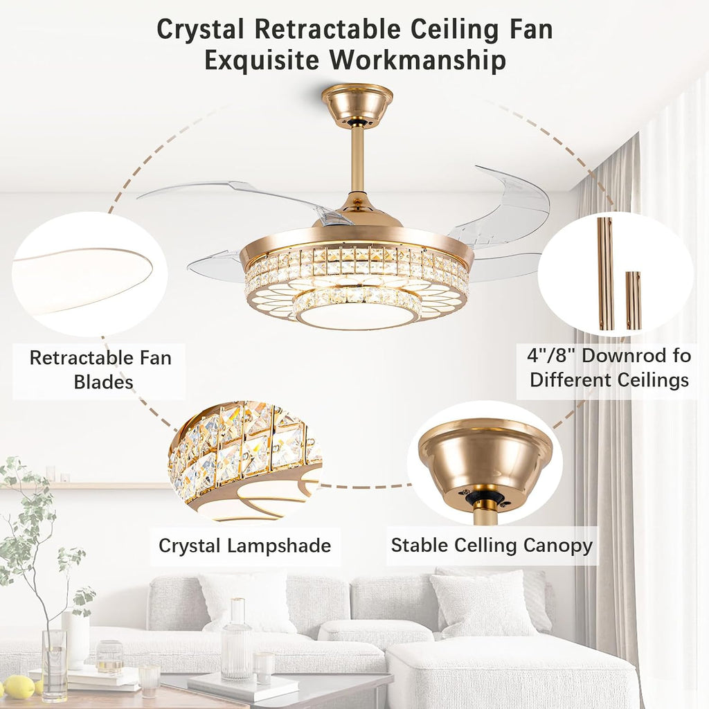 42" Retractable Ceiling Fans with Lights, Crystal Chandelier Ceiling Fan with Remote & APP Control, Modern Dimmable