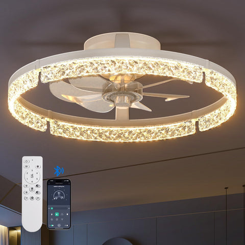 Ceiling Fans with Lights and Remote, 20'' Low Profile Ceiling Fans, 3000-6000K Dimmable Modern Flush Mount LED Fan Light, Fandelier Ceiling Fan for Bedroom, Kitchen, Living Room, White A101-B0DP27M8RT
