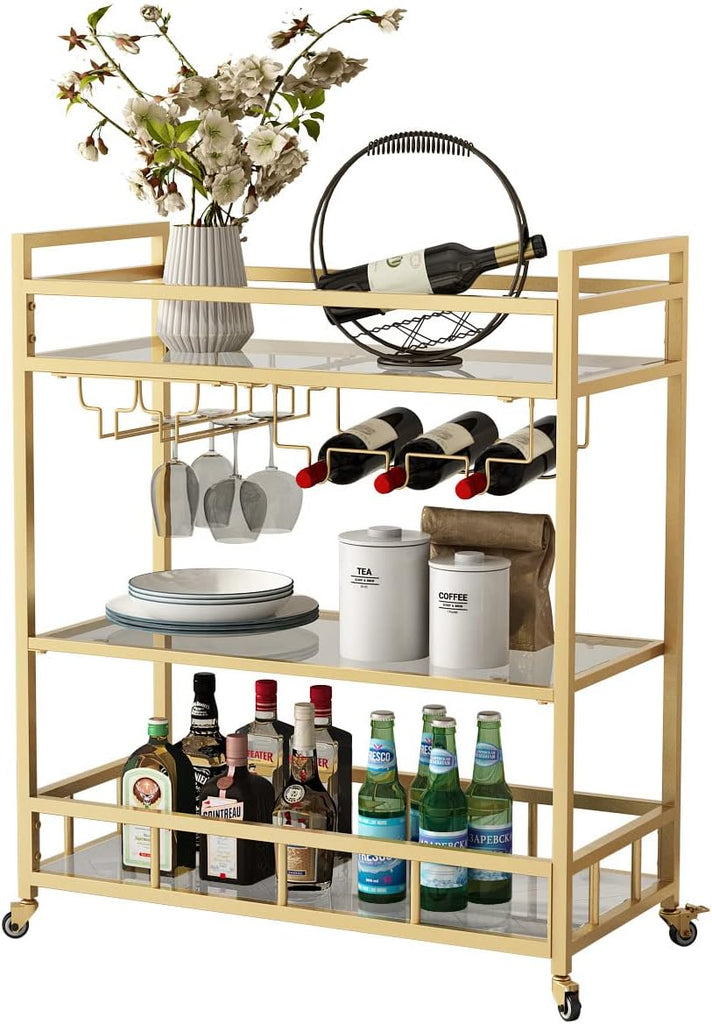 Bar Cart Gold with Bottle Storage and Wine Glass, Rolling Serving Bar Cart on Wheels Indoor & Outdoor, Patio, Gold
