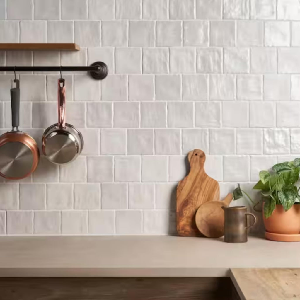 4x4 Inch HTCFD Premium Quality White Matte Zellige Ceramic Tile with Subtle Shimmer | Handmade Look Moroccan Square