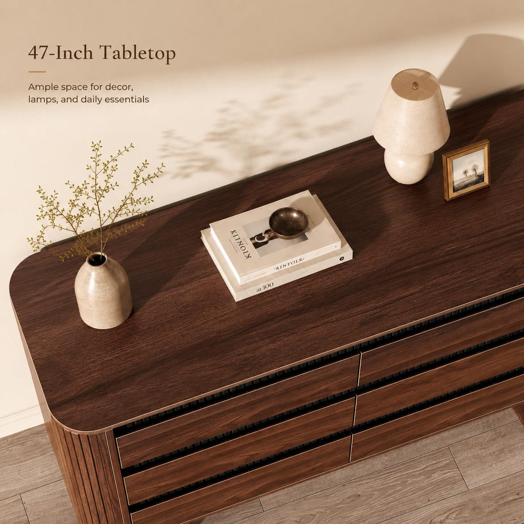 Fluted 6 Drawer Dresser, 47W x 31H, Modern Walnut Brown