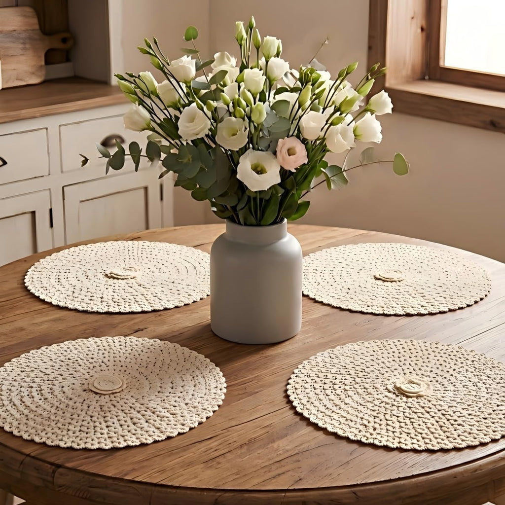 Round Placemats-15 Inch Crochet Table Mats, Washable & Heat Resistant Woven Dining Placemats for Farmhouse - Set of 4