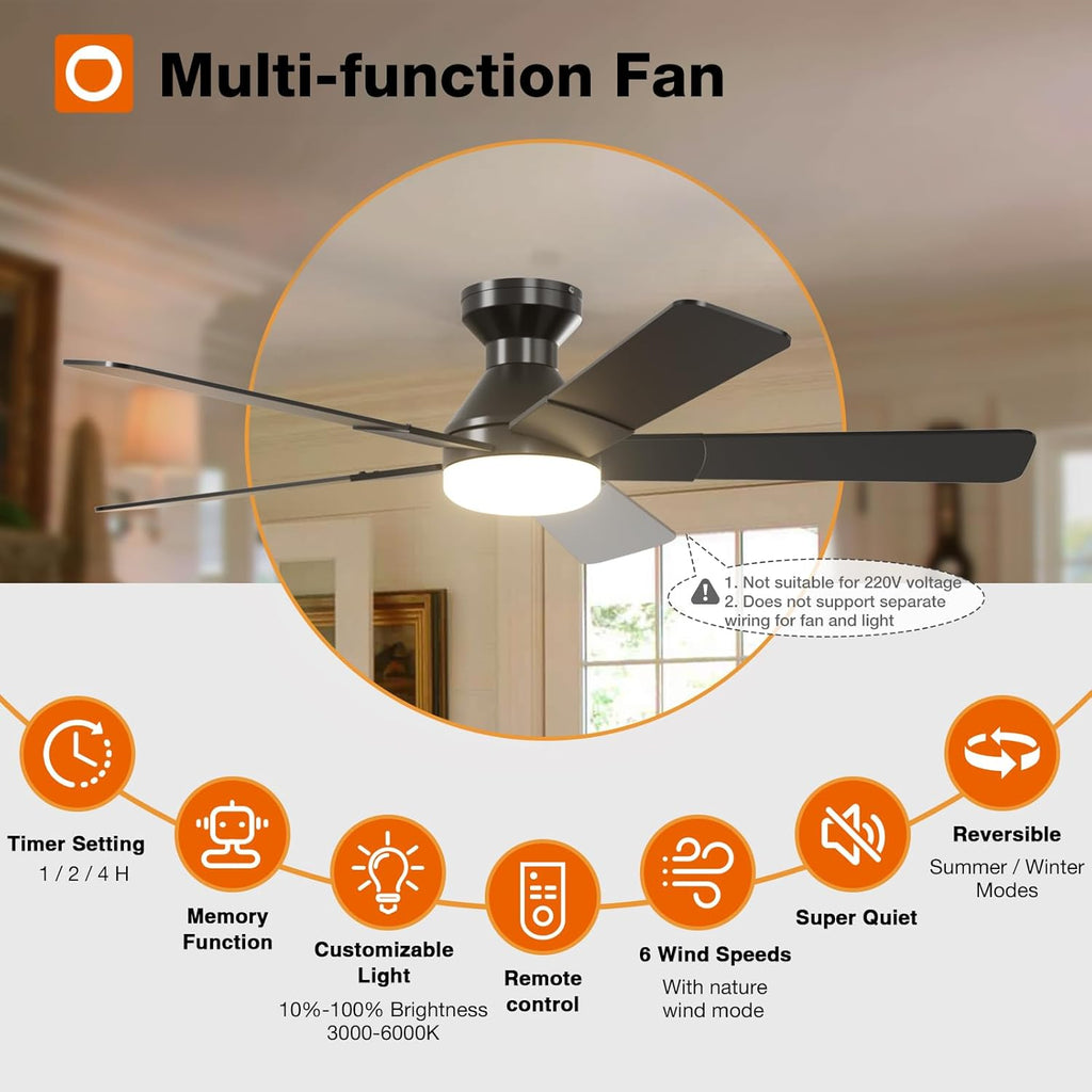 Ceiling Fans with Lights, 52 inch Low Profile Ceiling Fan with Light and Remote Control, Flush Mount, Reversible, 3CCT, Dimmable, Noiseless, Black Ceiling Fan for Bedroom, Indoor/Outdoor Use A103-B0CLNJNKMW