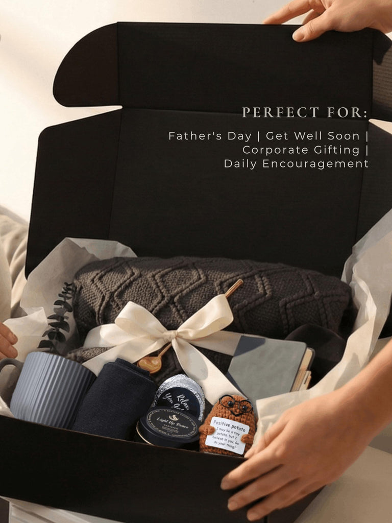Thoughtful Comfort Care Package for Men & Women - Grey & Navy Gift Box with Knitted Blanket, Ceramic Mug & Positive