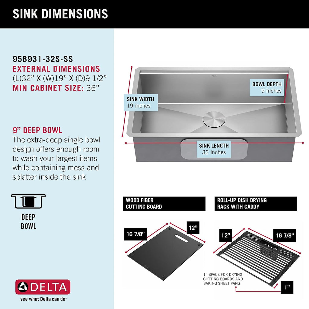 Rivet 32-Inch Workstation Kitchen Sink Undermount 16 Gauge Stainless Steel Single Bowl with WorkFlow Ledge and Chef's