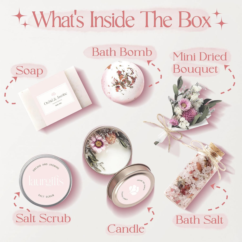Birthday Gifts for Women - Orchid & Jasmine Spa Gift Basket, Luxury Candle Set & Bath Sets Care Box, Gift for Mom - Set of 6
