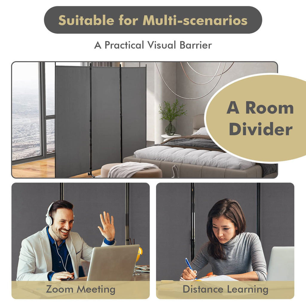 3 Panel Folding Room Divider with Wheels, 103" x 71", Gray