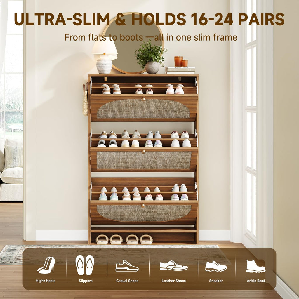 Shoe Storage Cabinet, Modern Walnut Shoe Cabinet with Tiered Fluted Design, 9.5" Slim Shoe Rack for Small Spaces