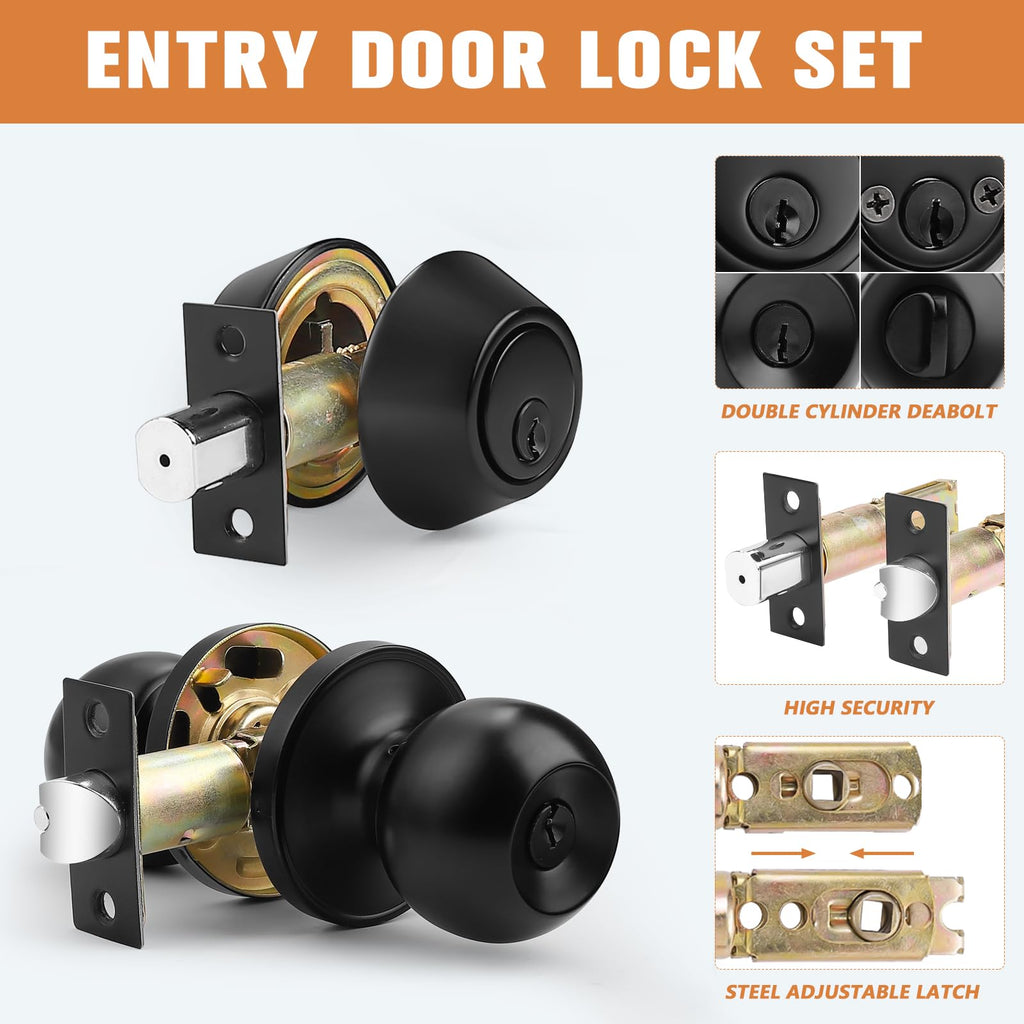 3 Pack Door Knob with Double Cylinder Lock, Black Front Door Knob and Deadbolt Combo Exterior Door Lock with Keyed