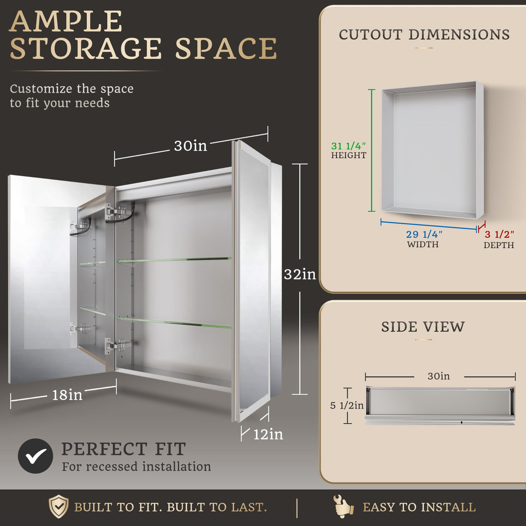 30x32 Lighted Medicine Cabinet, Separate Front & Back Lights