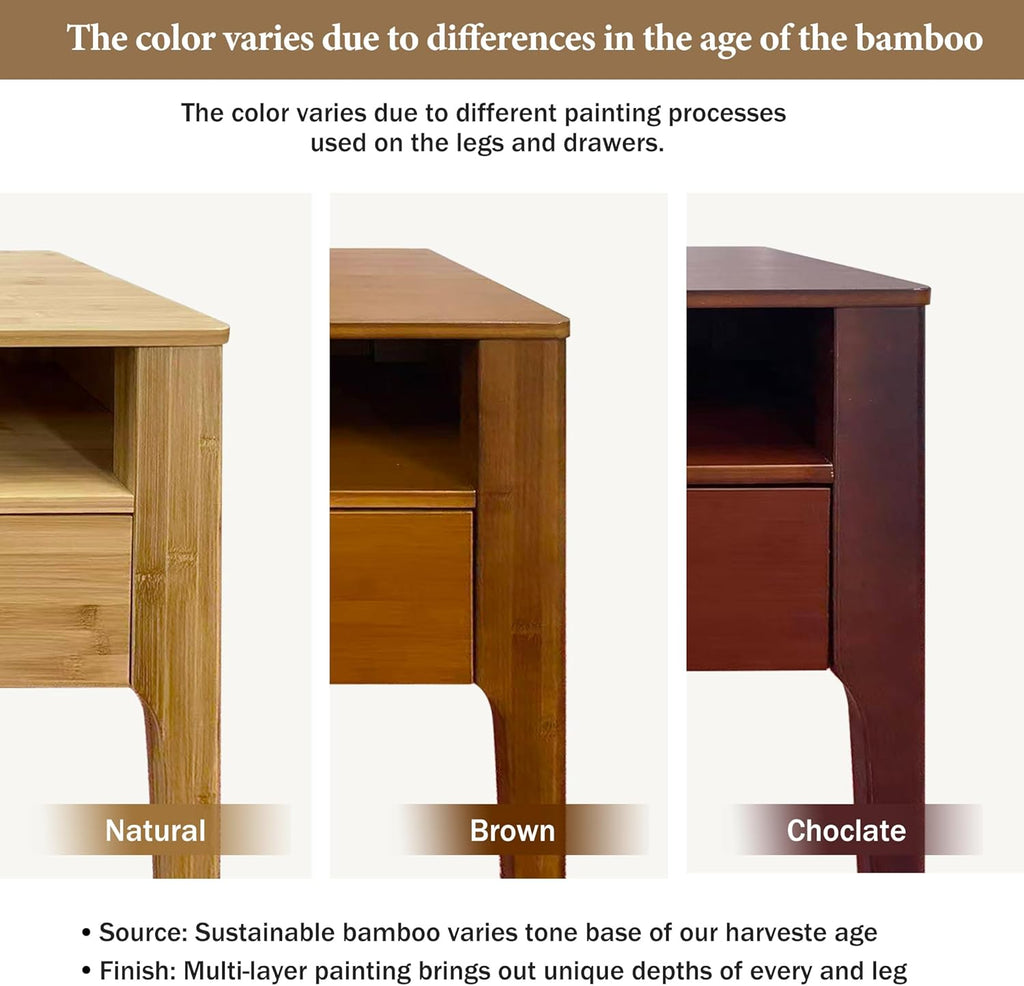 Bamboo Nightstands Set of 2 with Drawer & Shelf, Mid-Century Modern Solid Bedside Tables, Natural