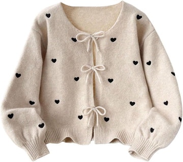 Girl's Cute Heart Cardigan Fall Bow Sweaters Valentines Clothes