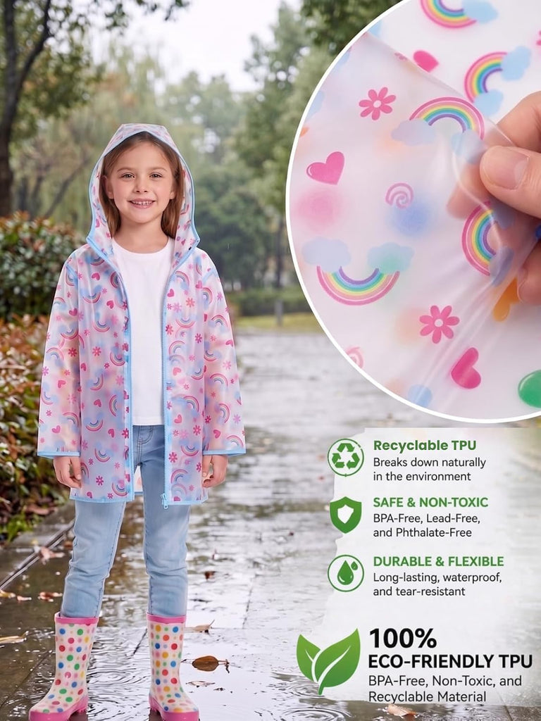 Girls Hooded Printed Rain Jacket Lightweight Water Resistant Raincoat with Zipper