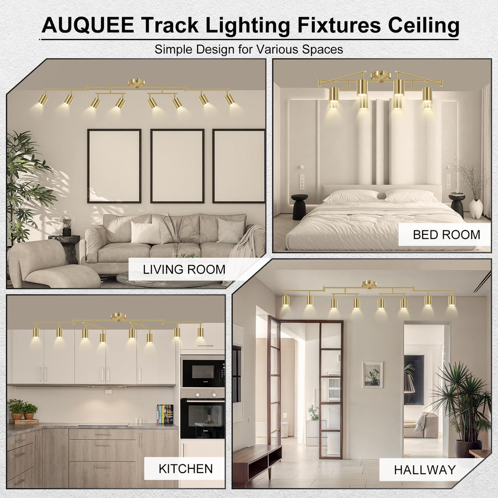 8 Light Track Lighting Fixtures Ceiling, Gold Kichen Track Lighting Fixtures, Rotatable Light Heads, Adjustable