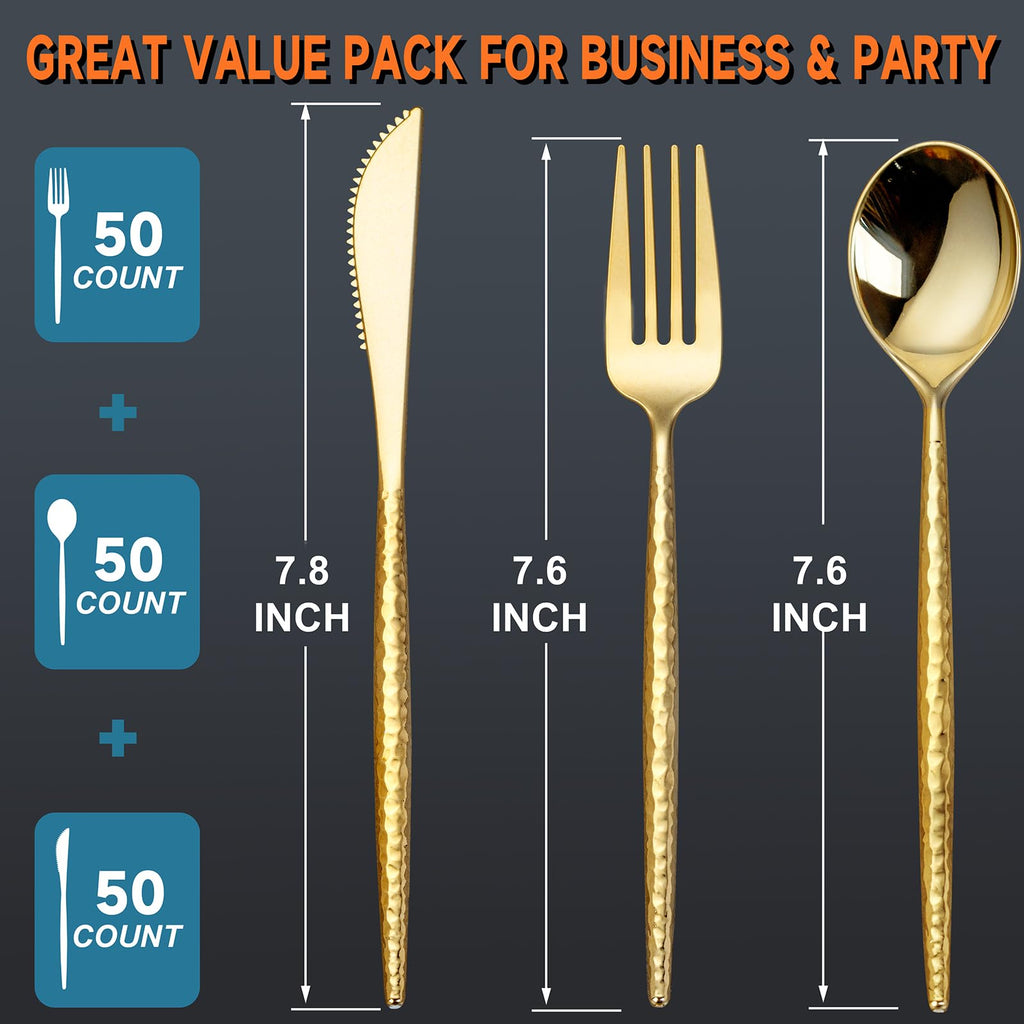 Gold Plastic Silverware, Gold Plastic Utensils, Heavy Duty Silverware, Includes:100 Knives, Forks and Spoons