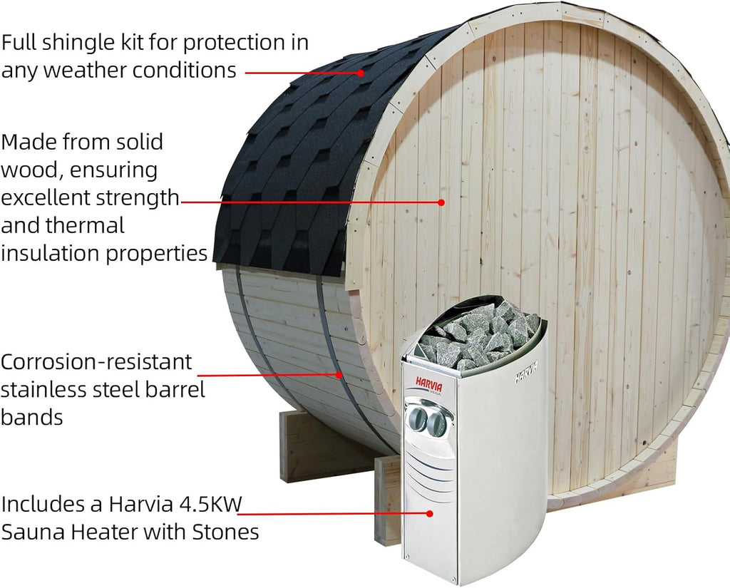 Outdoor Barrel Steam Sauna for 2-4 Person, Canadian Spruce Wooden Saunas Room , Traditional Backyard Sauna Spa with