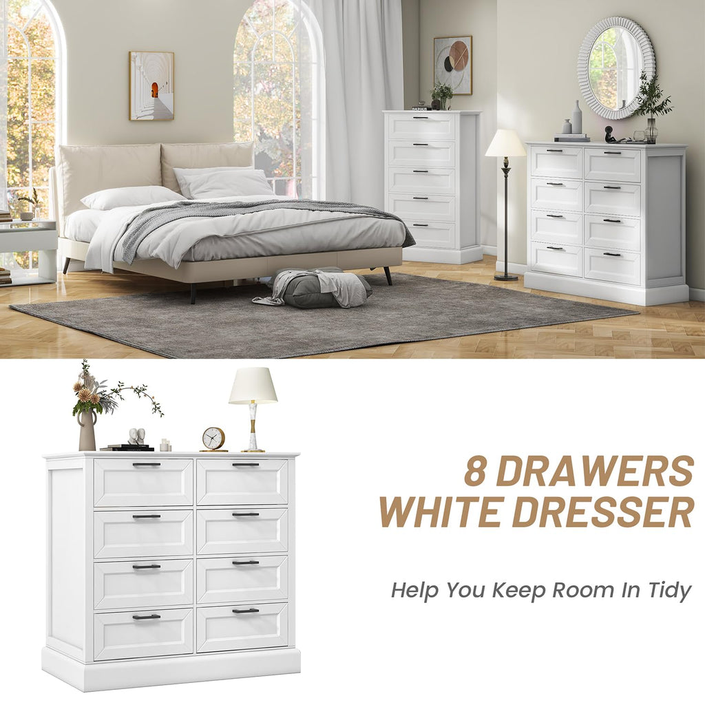 White, Chest of Drawers, Large Modern Farmhouse Storage for Closet, 8 Drawers Storage Drawers, 39.3" Tall Wood