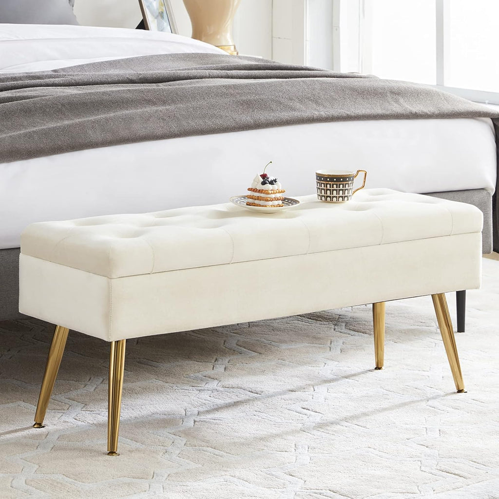 Bench Storage Ottoman Bench with Storage for End of Bed Entryway Cream Velvet