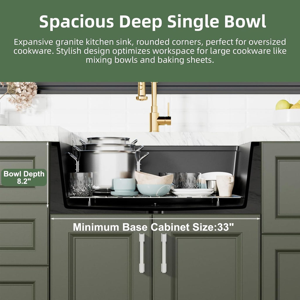 30 Inch Black Granite Sink Workstation, 30 x 18 Black Undermount/Drop Sink, Deep Quartz Composite Single Bowl with