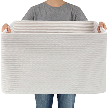 65L Large Woven Cotton Rope Blanket Basket, White