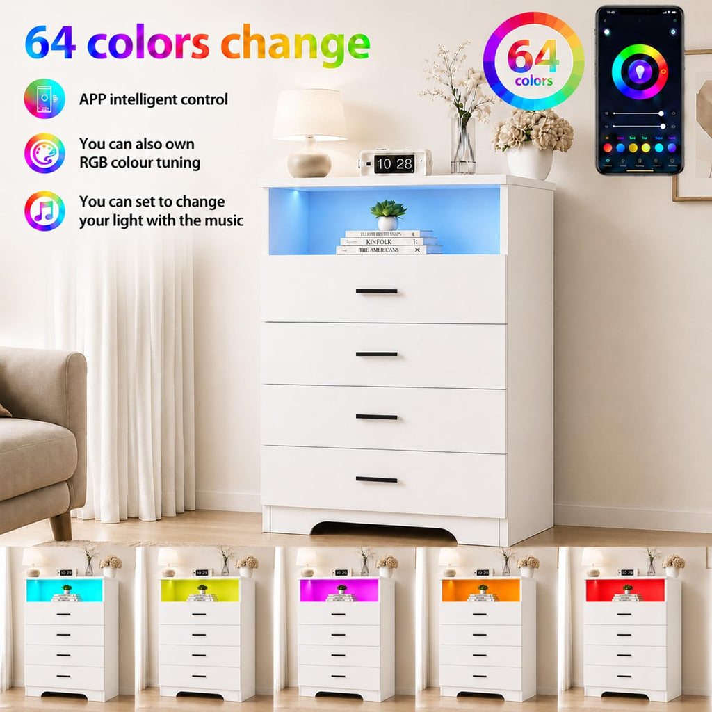 4 Drawer Dresser with Power Outlets and LED Wooden Chest of Drawers with Large Organizer White Dresser with Metal