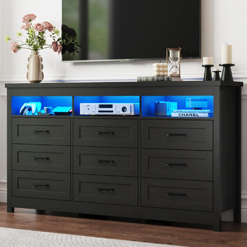 Farmhouse 9 Drawer Dresser with LED Lights, 63" Wide Large Chest of Drawers, Modern Wood Dresser Storage Organizer