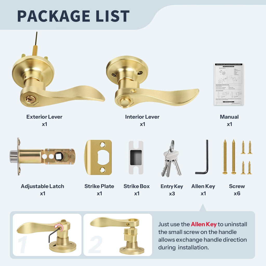 Wave Style Gold Door Handles with Lock and Key (Keyed Differently), Brushed Gold Keyed Entry Door Handle, Reversible