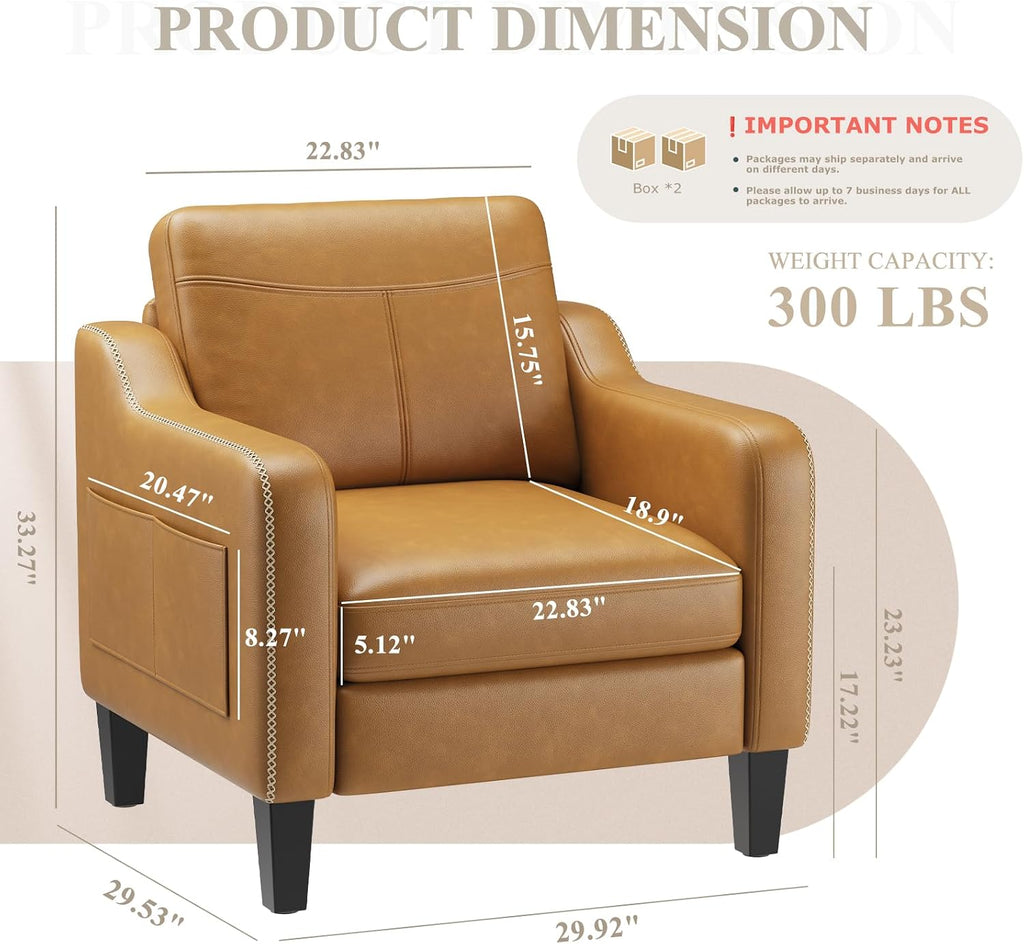 PU Leather Accent Chair, Mid-Century Modern Living Room Armchair Sofa with Removable Cushions, Solid Wood - Set of 2