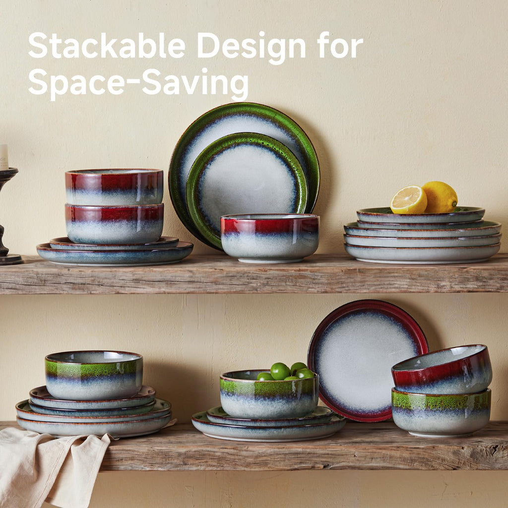 Dinnerware Set for 4, Pink Reactive Glaze Plates and Bowls Sets