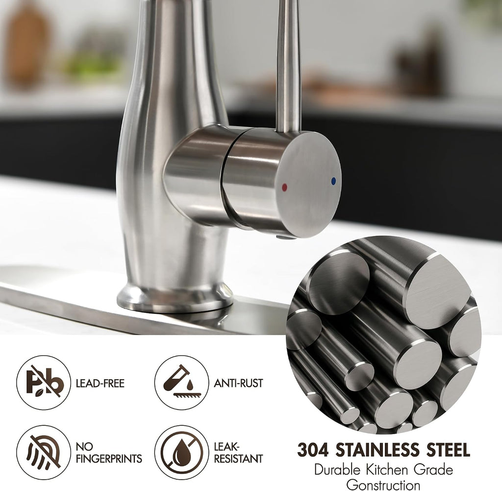 Commercial Kitchen Sink Faucet with Pull Down Sprayer Brushed Nickel | High Pressure Double Headed Spray, Stainless