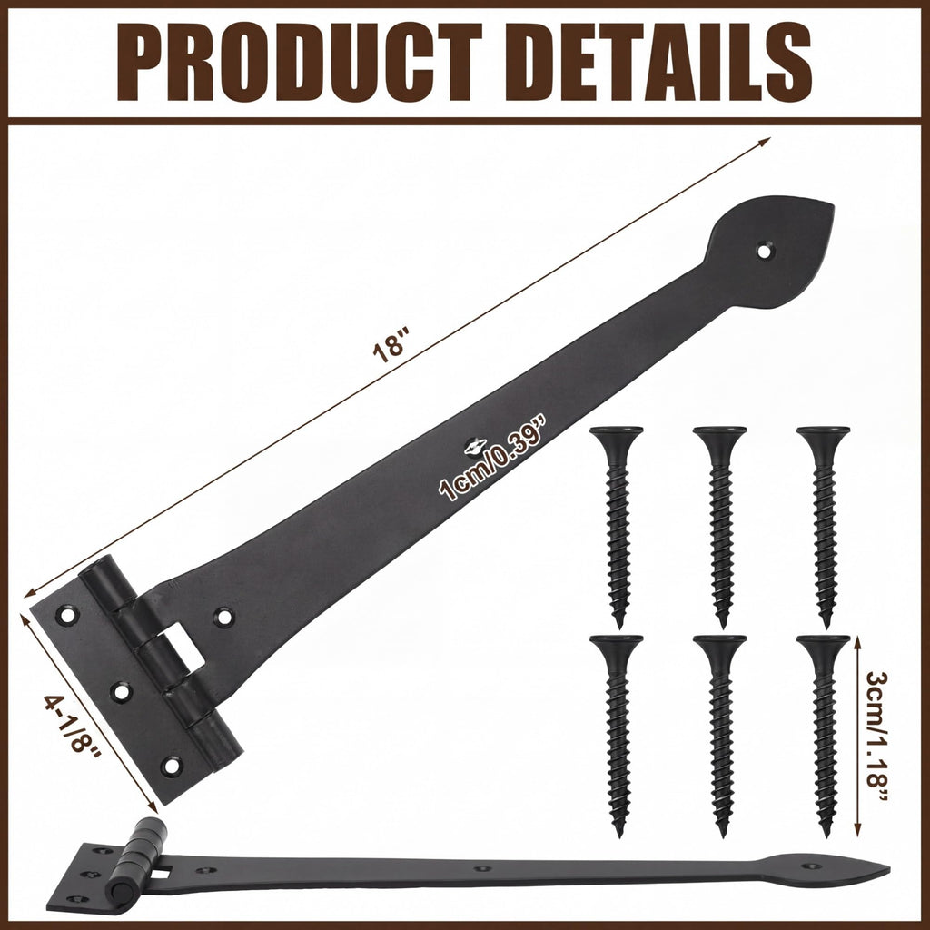 4 Pack 18 Inch Wrought Iron Strap Hinges Heavy Duty Heart Tip Tee, Classic