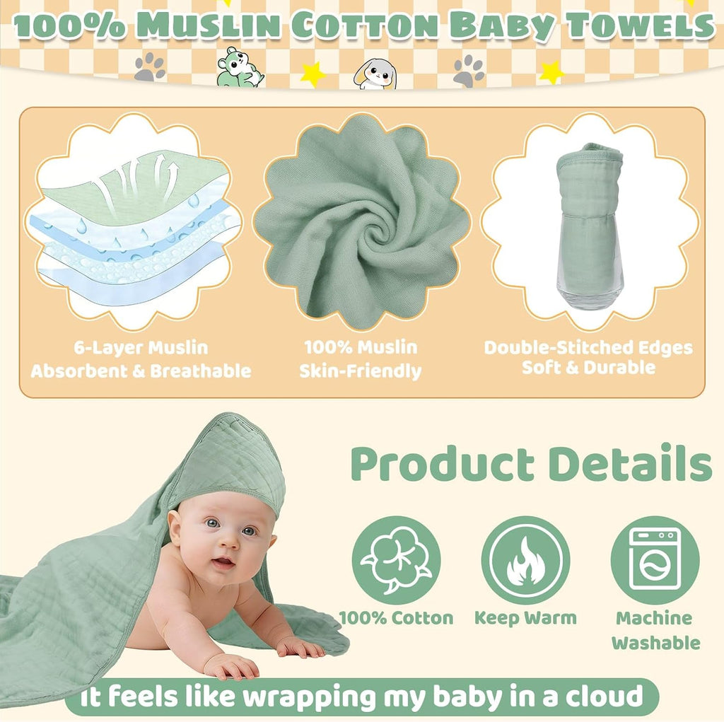 6 Pcs Muslin Hooded Baby Bath Towels Sets - 2 Pack 100% Cotton Baby Towel & 4 Pack Muslin Washclothes- 32x32Inch Baby
