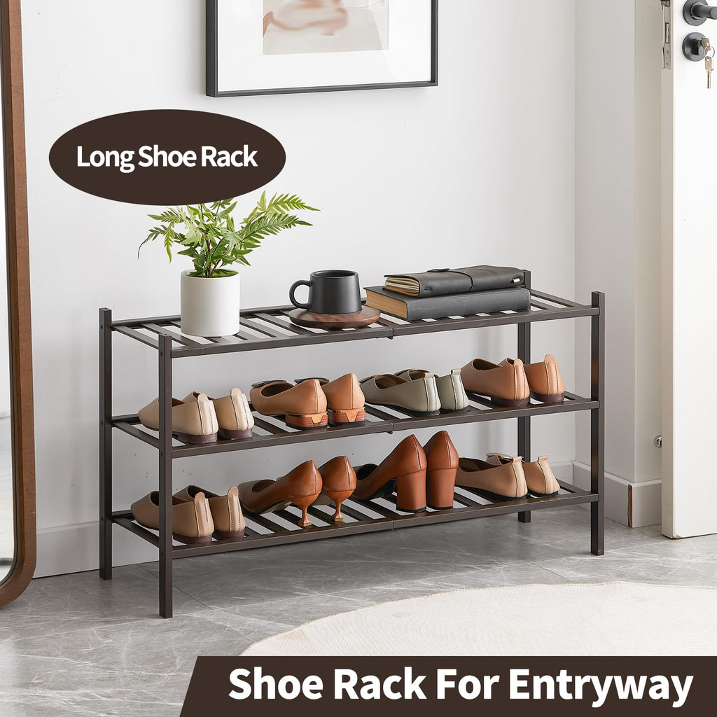 Long Shoe Rack, Bamboo Stackable Shoe Shelf Storage Organizer, Shoe Stand for Closet, Entryway and Hallway (Brown