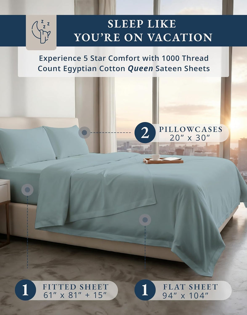 100% Egyptian Cotton Queen Sheet Set - 1000 Thread Count Silky Sateen Weave Naturally Breathable & Durable Winter