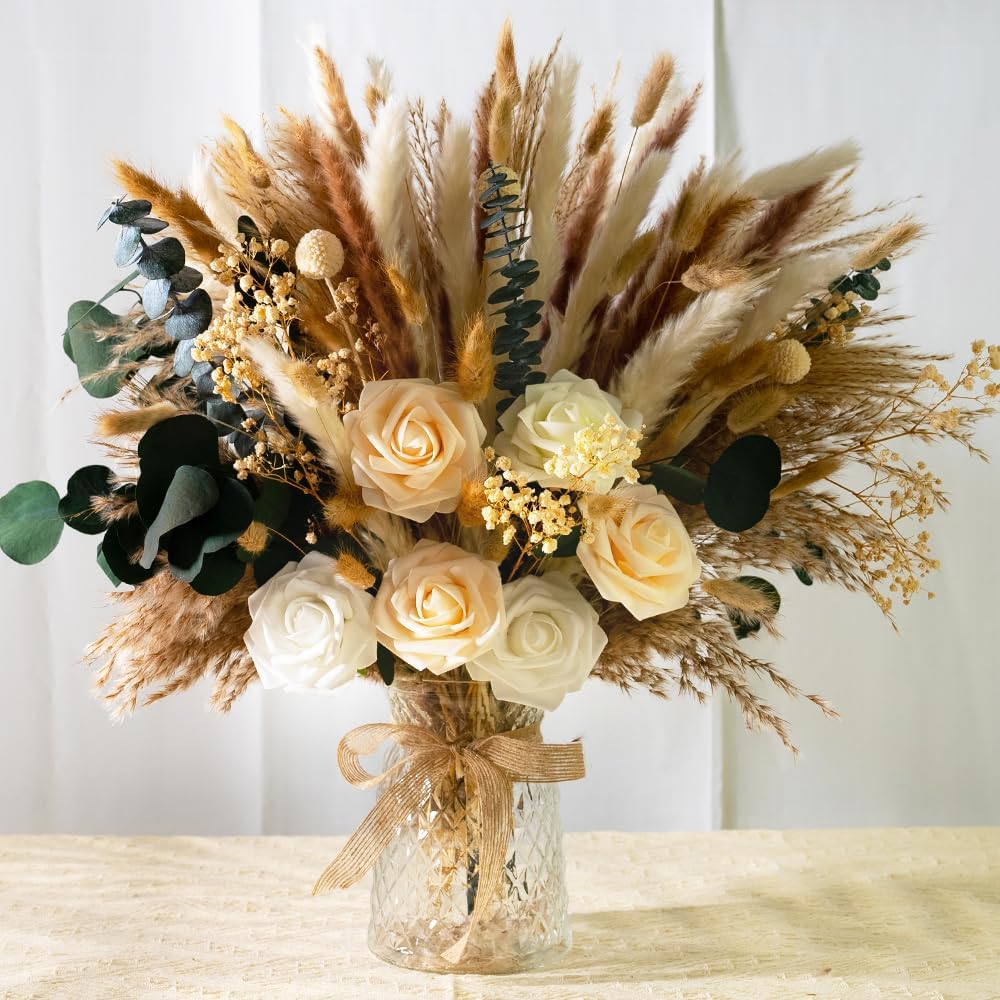 Artificial Flowers in Vase Natural Dried Pampas Grass - Set of 101