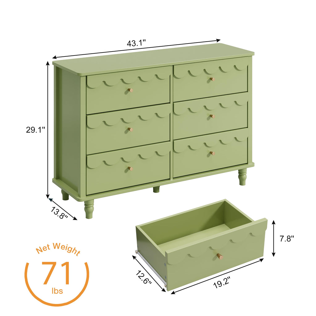 Scalloped Dresser Green 6 Drawer Dresser, Modern Wide Chest of Drawers, Scalloped Organizer Storage with Drawers