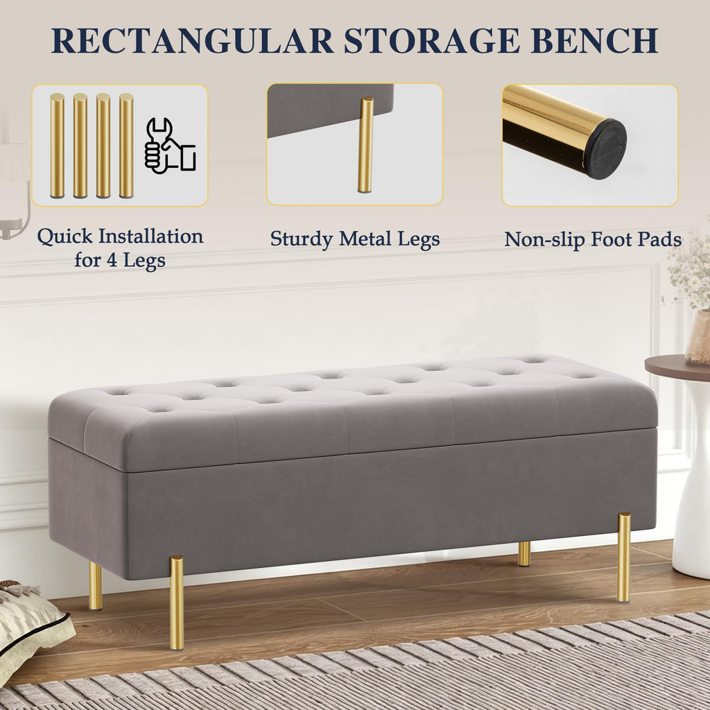 Ottoman Bench with Storage, Upholstered Tufted Velvet Storage Bench Living Room Long Ottoman Grey