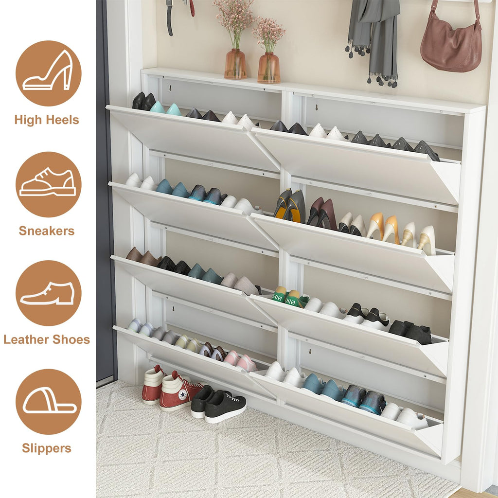 Shoe Cabinet with 4 Flip Drawers, Metal Wall Shoe Storage Cabinet, Slim Shoe Cabinet, White