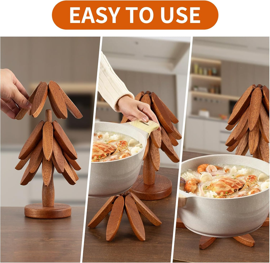 Wooden Trivets for Hot Dishes, Hot Dish Coaster with Tree-Shaped Wood Collapsible Hot Pad Trivet Tree for Restaurant - Set of 4