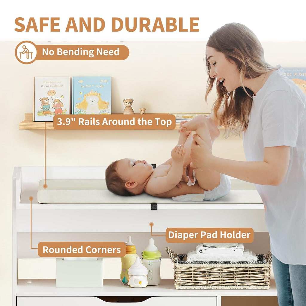Baby Changing Table Dresser with 3 Drawers and 3 Storage Shelves, Can be Used as a Baby Dresser with Changing Table