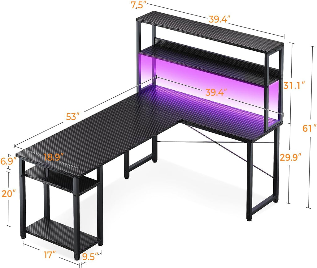 53 Inch L Shaped Gaming Desk with Hutch & Headphone Hook | Black Corner Computer Table with LED light & Storage