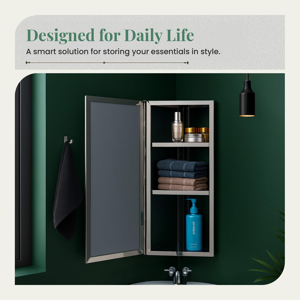 Supply Infinity Corner Wall Mount Medicine Cabinet with Mirror Polished Stainless Steel Bathroom Storage 23.6 x 11.8