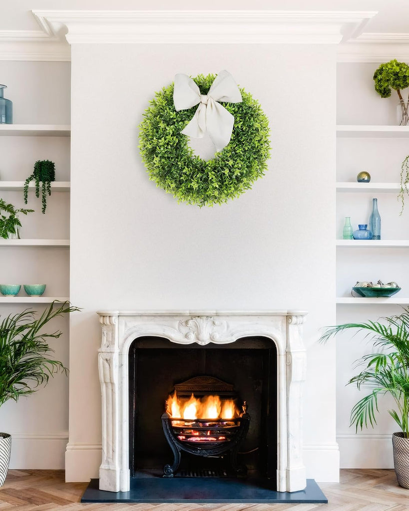 22 Inch Artificial Boxwood Wreaths for Front Door with Sash Outdoor Summer Wreath for Front Door, Spring Green Wreath