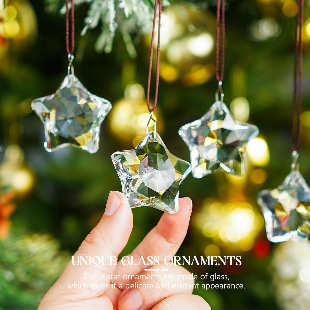 Clear Crystal Star Ornaments Faceted Christmas Hanging Decor - Set of 6