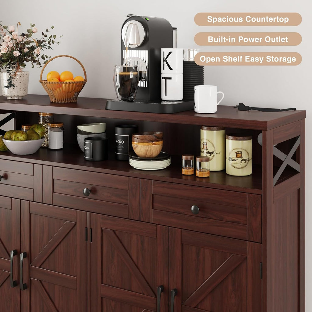 51" Dark Brown Buffet Sideboard Cabinet, Farmhouse Storage Cabinet Kitchen | Pantry with Shelf and Drawers, Wood