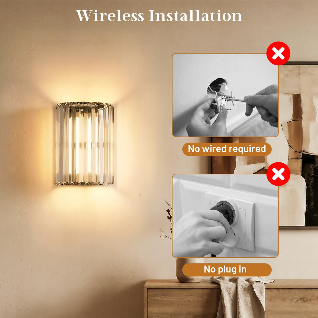Black Battery Operated Wall Sconces Set of Two, Crystal Wireless Wall Light with Remote, Rechargeable Cordless Wall
