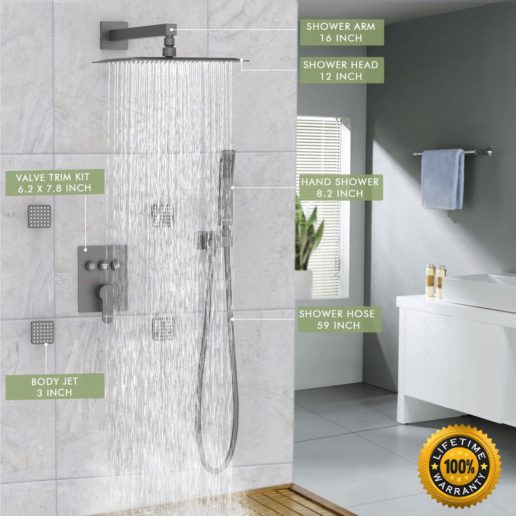 Shower System with Body Jets, Shower Faucet Sets 12" Rain Shower Head with Handheld Spray, Can Use at Same Time, Push