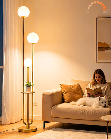 63IN Dimmable Gold Floor Lamp with Shelf Mid Century Standing Lamps with 3000K Bulbs Included Modern Globe Floor Lamp